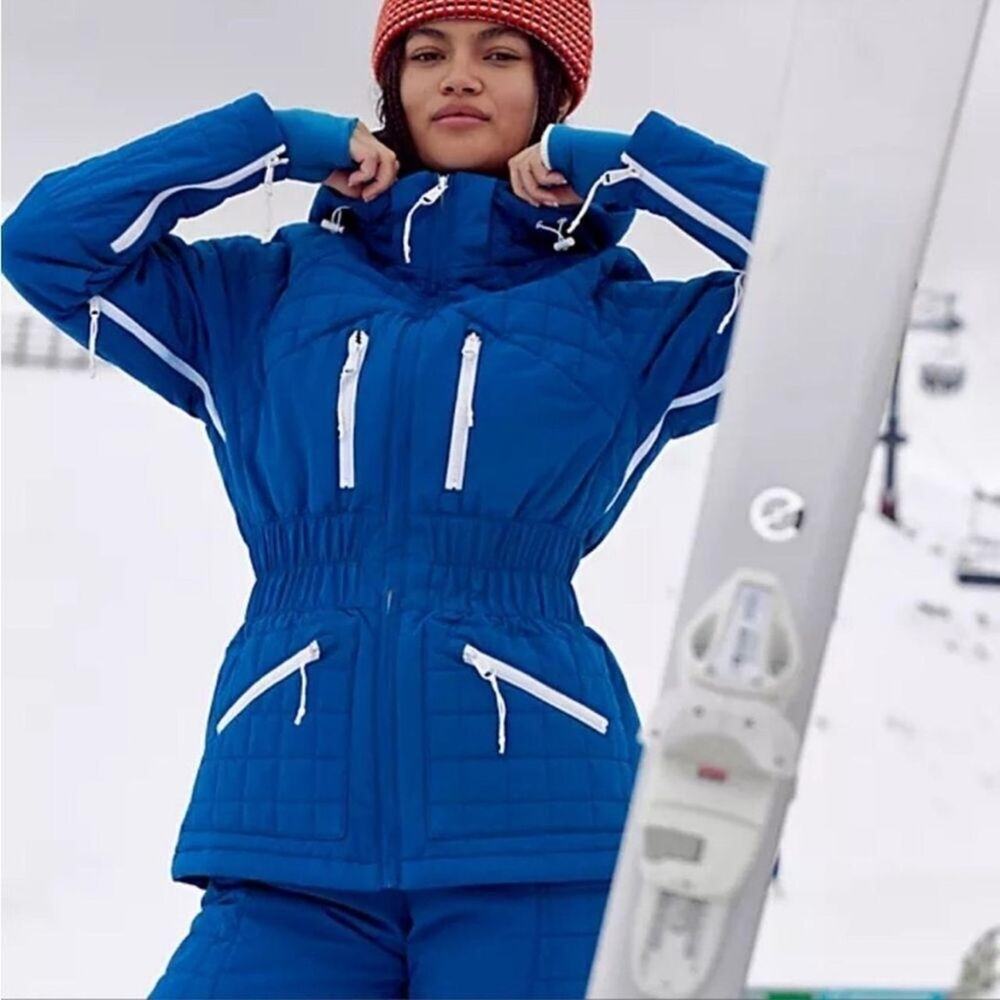 Free People Blue Ski Snow Jacket with White Zippers